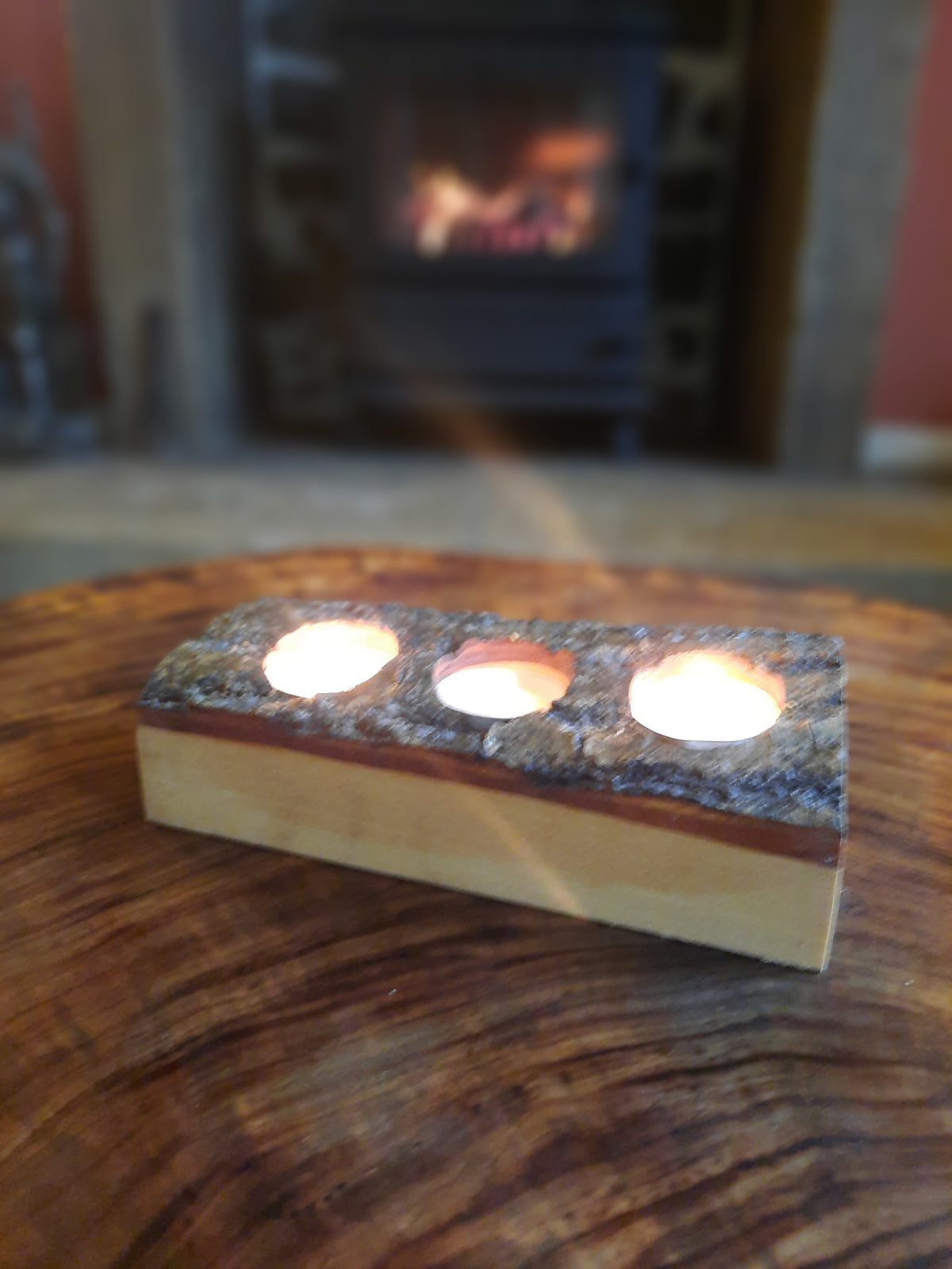 3 Tea Light Hoder Rustic Top Bark three tea light holder – Happy Boy Live Edge Products